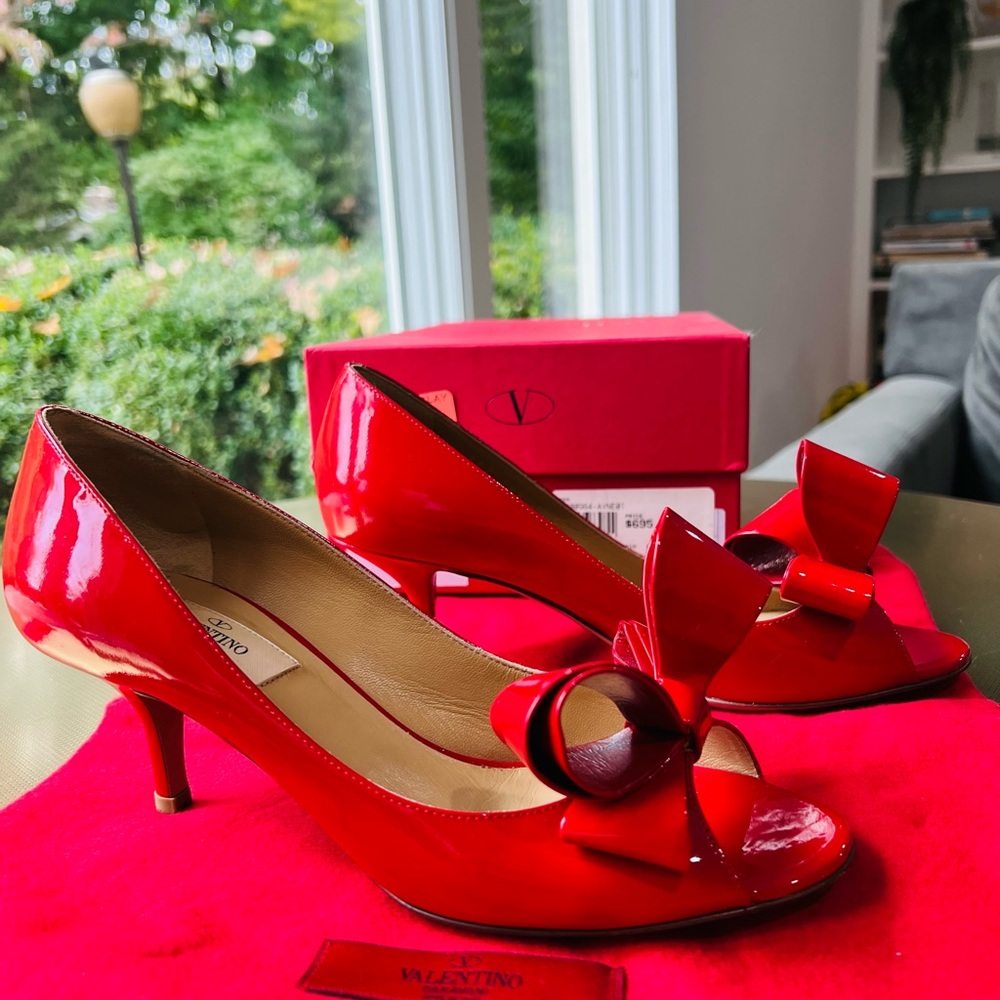Valentino Garavani Red Leather Bow Shoes With 2.5" Heels